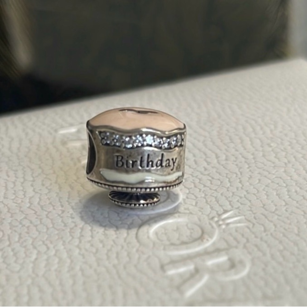 Pandora Silver With Pink Enamel Happy Birthday Cake CZ Charm RARE RETIRED